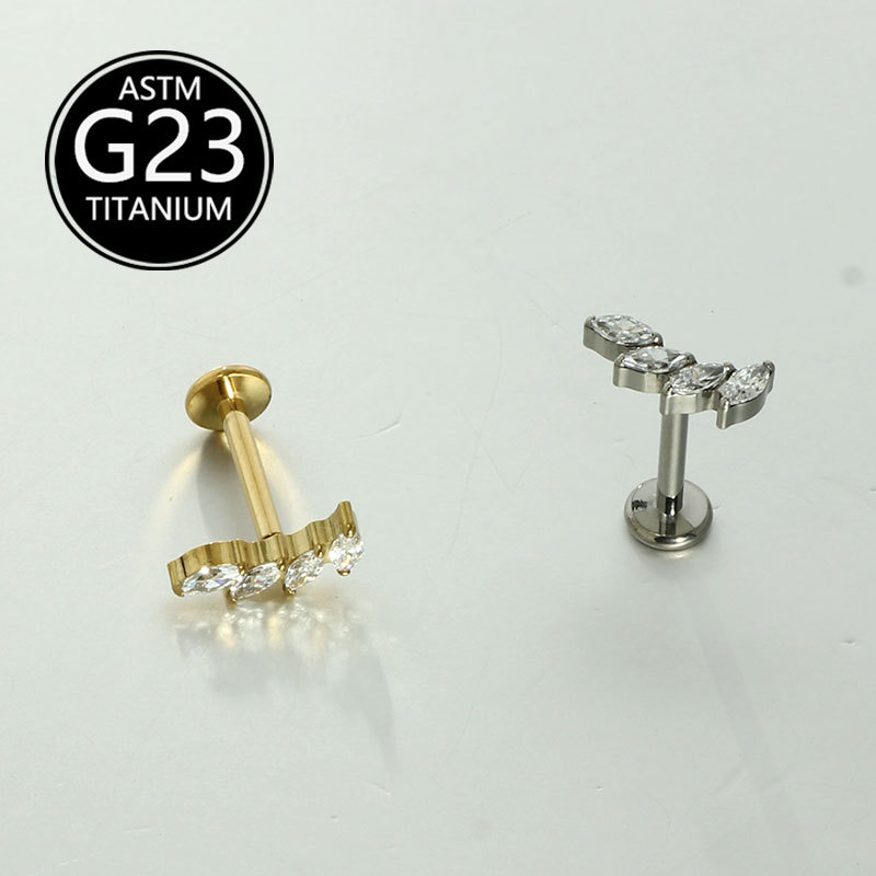 F136 Titanium Micro-Inlaid Zirconia Four-Prong Flat-Bottom Internally Threaded Lip Stud Cartilage Ear Bone Stud Lip Ring - Image 2