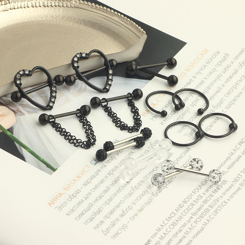 Stainless Steel Black 8-Pair Breast Ring Set with Diamond-Embedded Nail for Body Piercing Jewelry Wholesale - Image 2