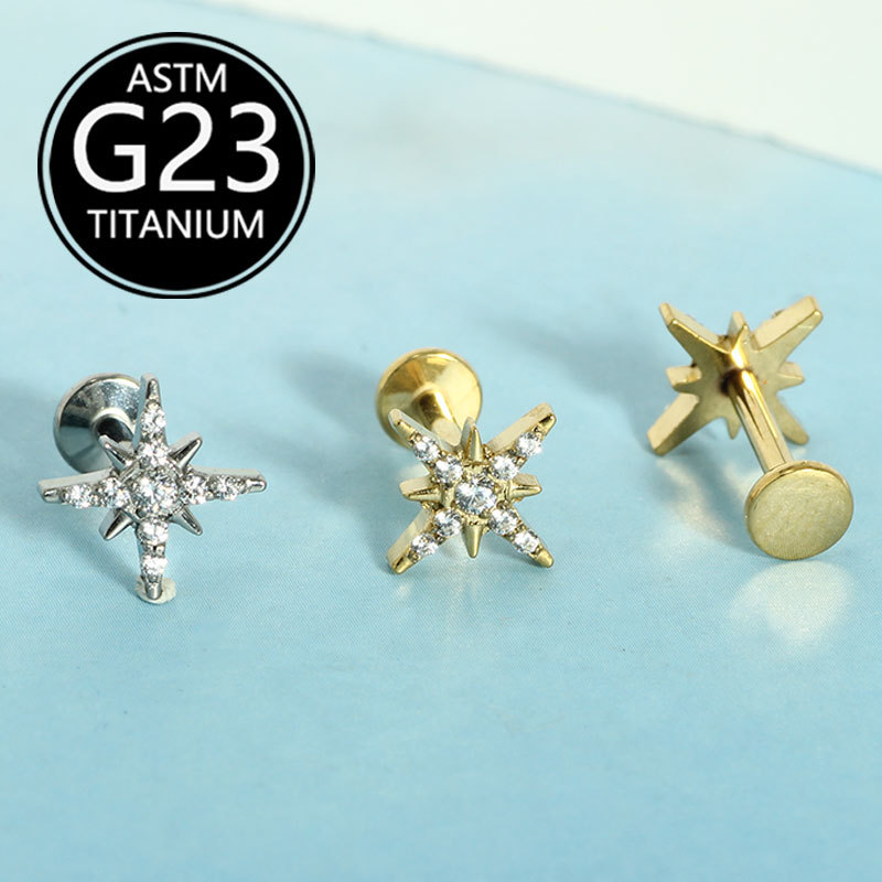 F136 Titanium Star Lip Stud Ear Stud with White Zircon, 1.2x10mm - Image 4