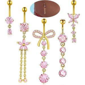 5-Piece Set Stainless Steel Belly Button Rings with Bowknot and Zircon Inlay Fashion Navel Jewelry