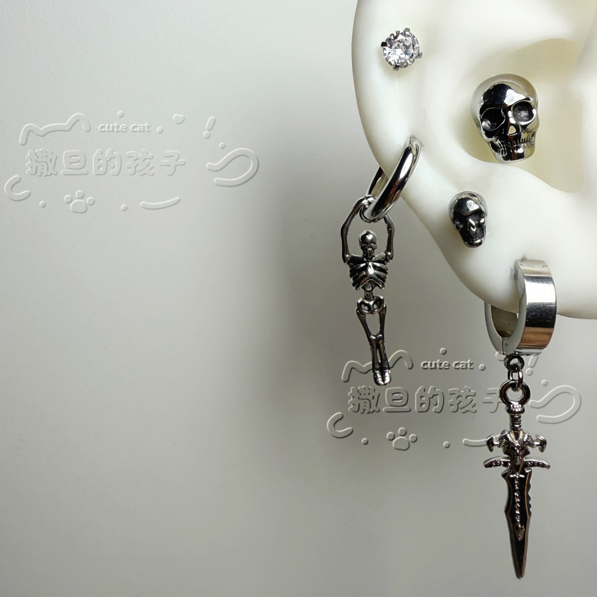 Satan's Child Titanium Steel Skull Cross Ear Studs Cartilage Tragus Lobe Piercing Set - Image 2