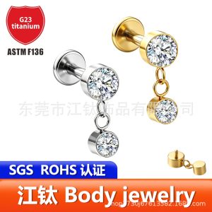 G23 Titanium Ear Stud Pendant with 5A Zircon Inlay, Cartilage Ear Bone Stud Body Piercing Jewelry