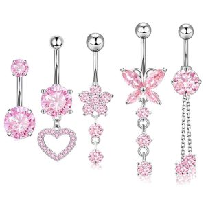 Heart-Shaped Navel Ring Zircon Belly Button Ring 5-Piece Set Body Piercing Jewelry
