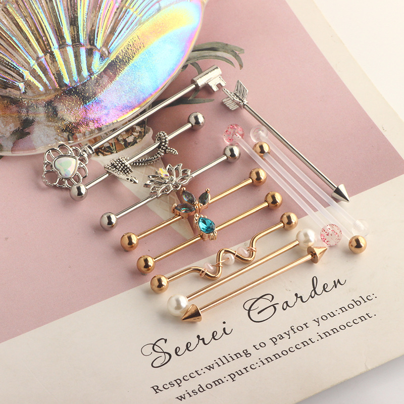Industrial Barbell Cross Bar Ear Bone Nail Piercing Jewelry Stainless Steel 18K Gold Plated Retro Flower Style - Image 2