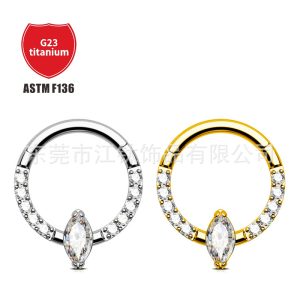 G23 Titanium Nose Ring with Marquise-Cut Zircon, ASTM F136 Alloy Body Piercing Jewelry, Gold, 1.2x10mm