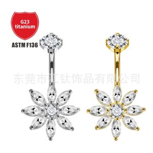 G23 Titanium Gold Flower Navel Ring with 5A CZ - Internally Threaded Belly Button Piercing Jewelry
