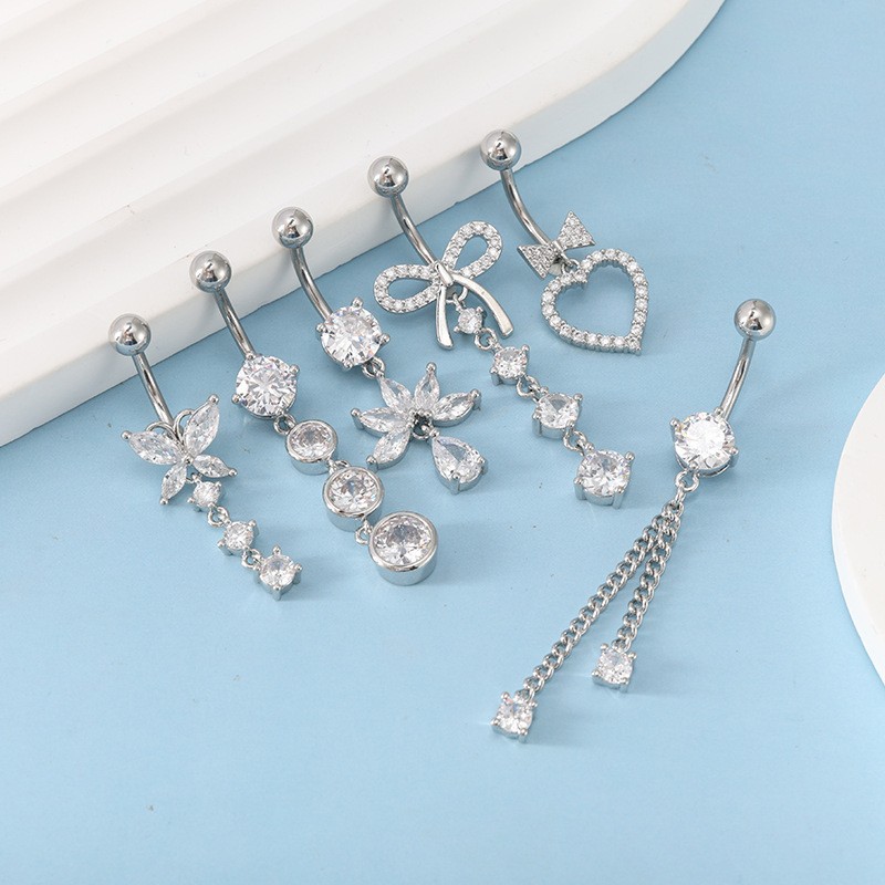 Hot-Selling 6-Piece Bowknot Heart CZ Stainless Steel Belly Button Ring Set - Image 2