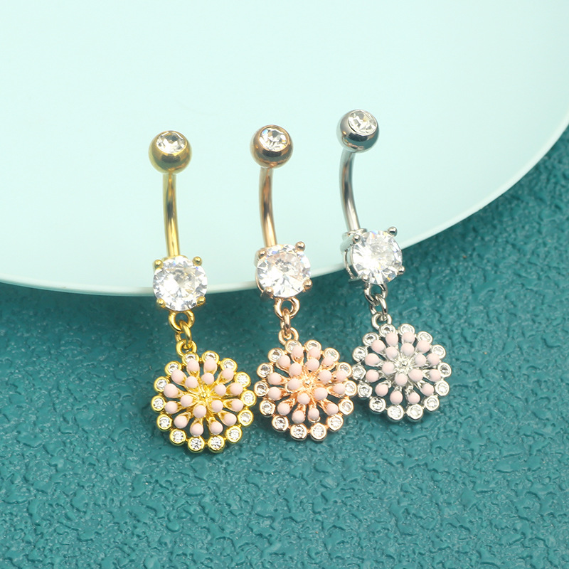 Rose Gold Stainless Steel Navel Ring Chrysanthemum Dangle Belly Button Piercing Jewelry for Men Women - Image 2