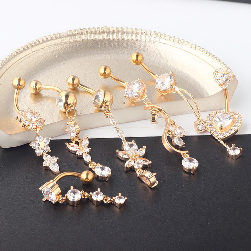Mixed Zircon Navel Ring Set - 7-Piece Belly Button Piercing Jewelry with Heart Shape - Image 2