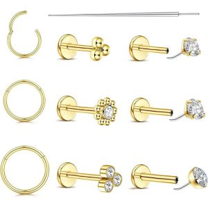 20G Stainless Steel Lip Studs Set Zircon Encrusted Pin Style Dimple Studs Piercing Jewelry 10 Pieces
