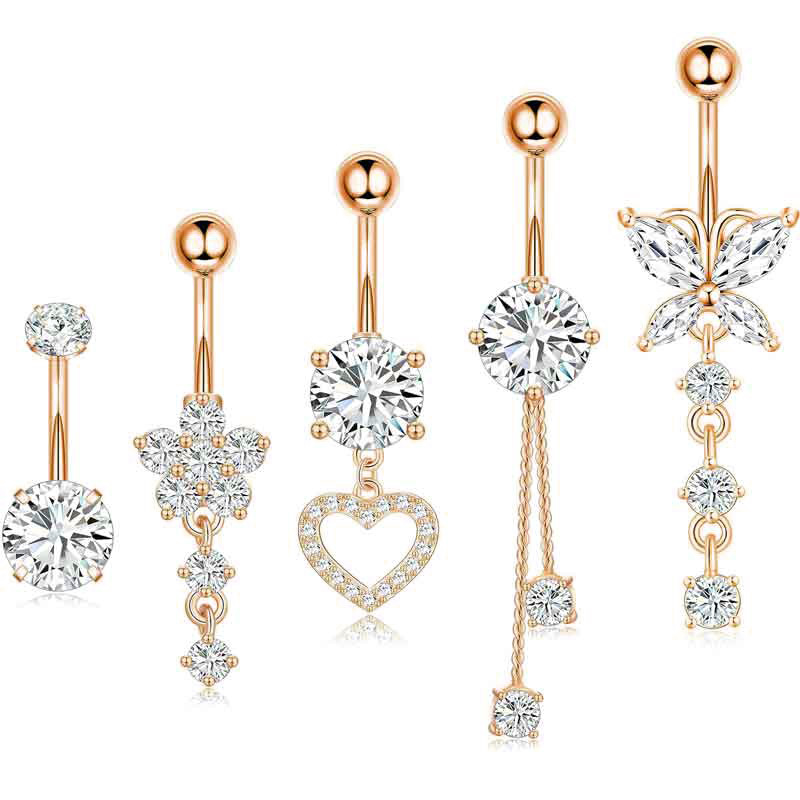 Heart-Shaped Belly Button Ring with Zircon - 5-Piece Body Piercing Jewelry Set (Gold) - Image 2
