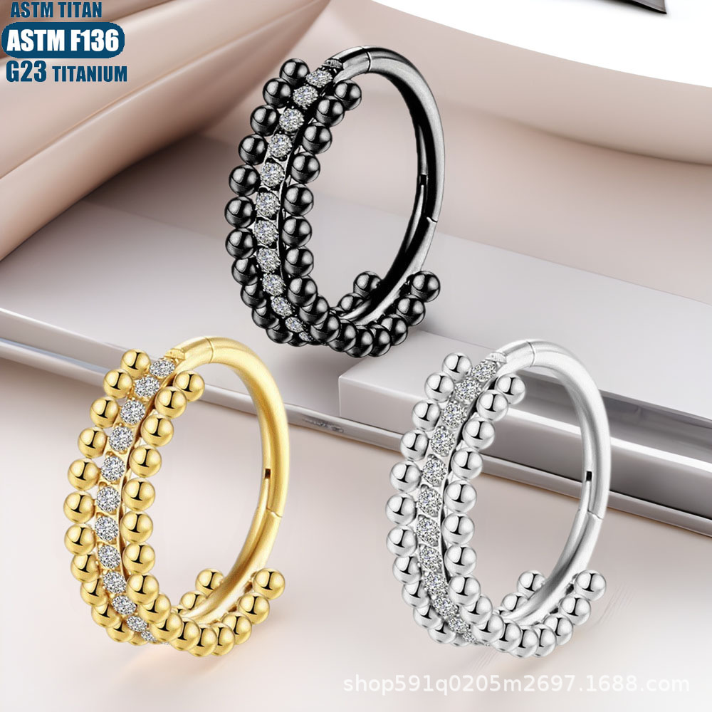 F136 Titanium Alloy Nose Ring Implant Grade Seamless Ring Double Row Solder Ball Hinge Perforated Cartilage Ring Zircon Earrings - Image 3