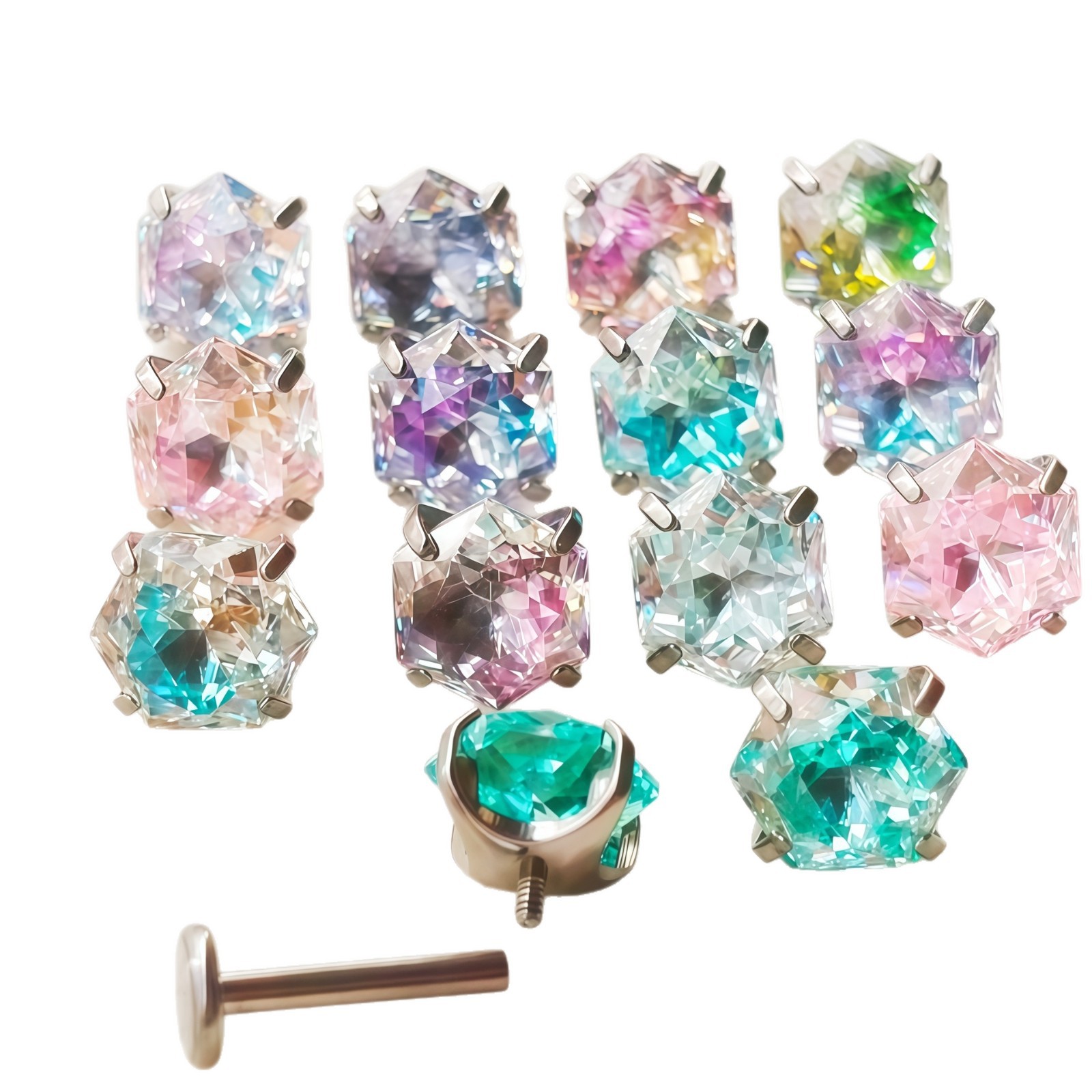 Titanium Alloy Gradient Color Plated Round-Bottomed Super Shiny Queen-Cut Hexagram-Cut Zirconia Stud Earrings for Cartilage - Image 5