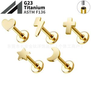 F136 Titanium 18K Gold-Plated Moon Star Heart Lightning Lip Earrings Ear Bone Stud Nail G23 Titanium Alloy Piercing Jewelry