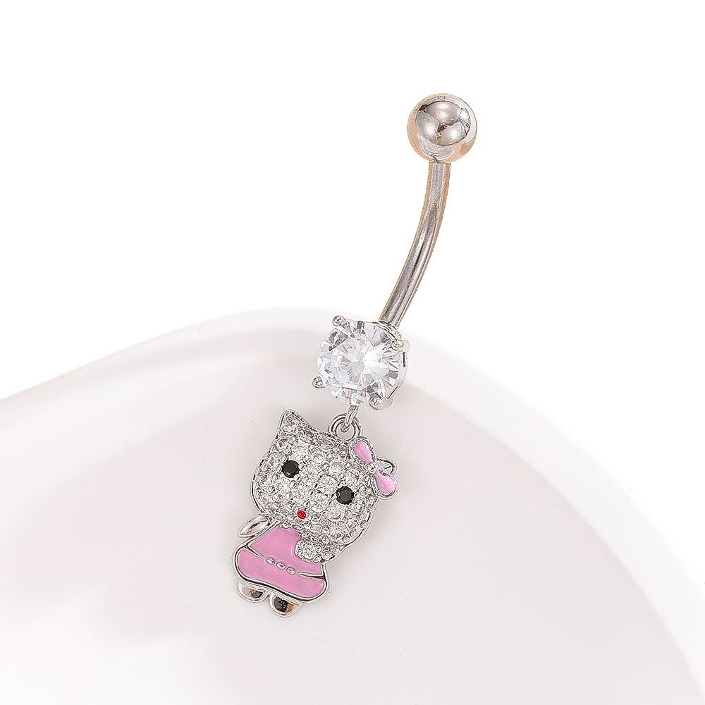 2025 Spring Cute Pink Kitty Cat Cartoon Navel Ring Copper Gold Plated Belly Jewelry - Image 5