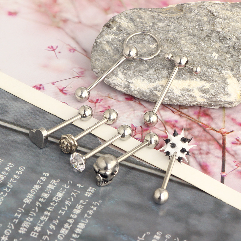 7-Piece Stainless Steel Ghost Head Star Tongue Ring Set - Rose Gold Tongue Nail Piercing Jewelry - Image 4