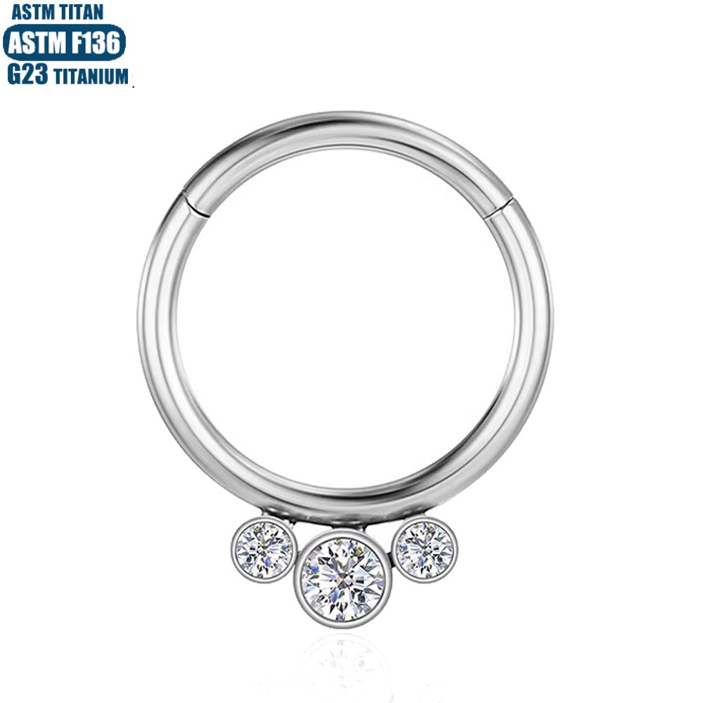 F136 Titanium Alloy Hinge Perforated Nose Ring with 3 Zircon - Seamless Open Ring Piercing Earrings Nasal Septal Ring - Image 2