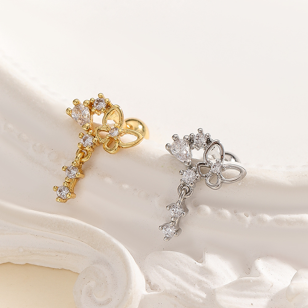 18K Real Gold Inlaid Zircon Stainless Steel Rod Snowflake Chain Tassel Pendant Ear Bone Nail Cartilage Piercing Earrings - Image 3