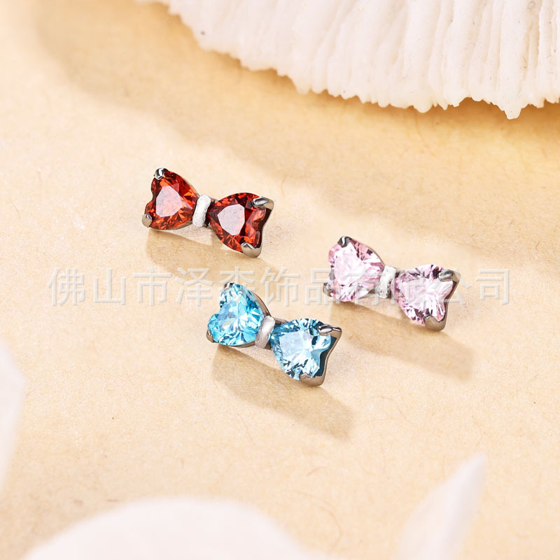 F136 Titanium Alloy Bowknot Zircon Ear Studs, G23 Titanium Lip Studs, Body Piercing Jewelry - Image 3