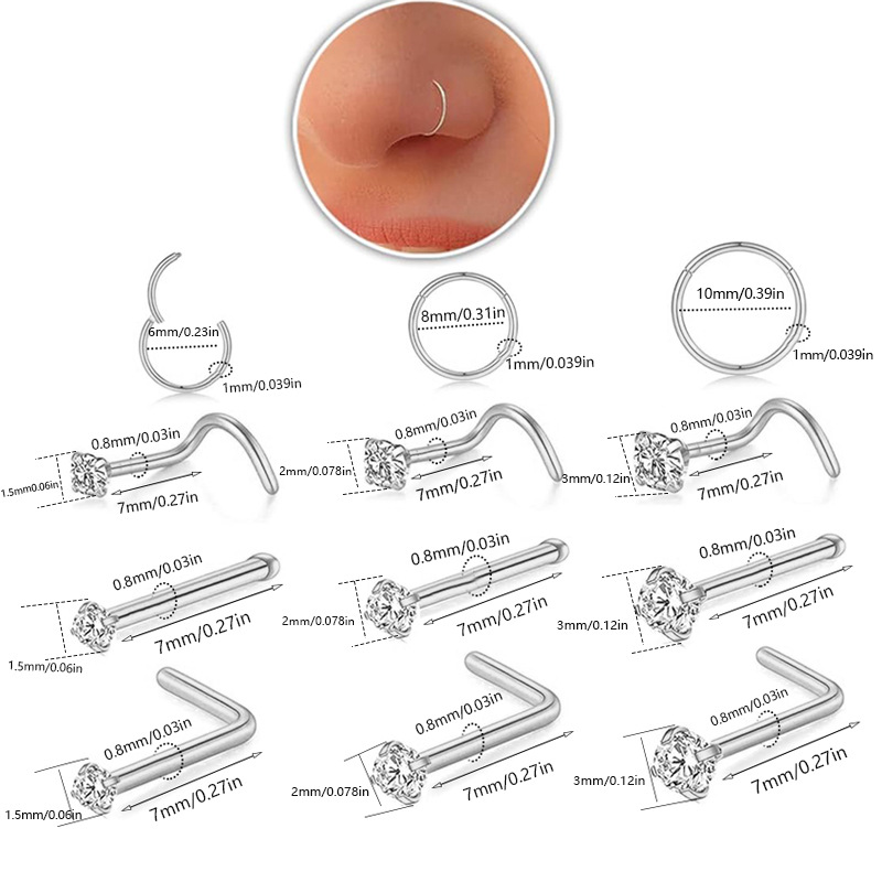 12-Piece Diamond Nose Ring Set Stainless Steel Nose Stud Hoop Combo Piercing Jewelry 18K Gold Plated - Image 5