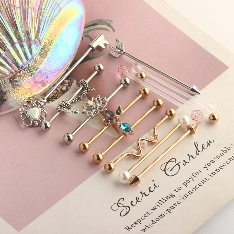 Industrial Barbell Cross Bar Ear Bone Nail Piercing Jewelry Stainless Steel 18K Gold Plated Retro Flower Style - Image 3
