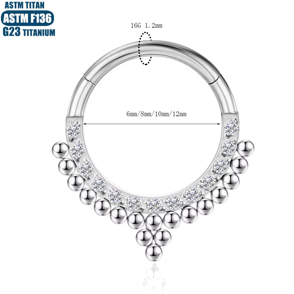 F136 Titanium Alloy Seamless Hinged Nose Ring Bead Cluster CZ Septum Earring - 1.2*12mm Black - Image 4