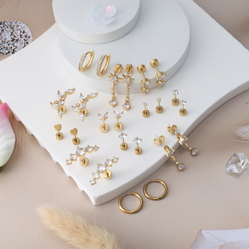 24-Piece Stainless Steel + Copper Zircon Stud Earrings Set, Trendy Ear Bone Studs for Women, Wholesale Earring Set - Image 4