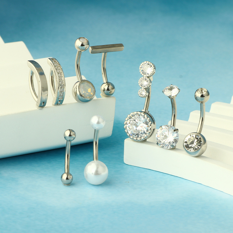 9-Piece Stainless Steel Classic Belly Button Ring Set - Silver Geometric Body Piercing Jewelry - Image 3