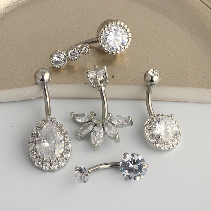 Freshly Released Rose Gold Navel Ring Set - 5-Piece Umbilical Body Piercing Jewelry with CZ Stones - Image 2