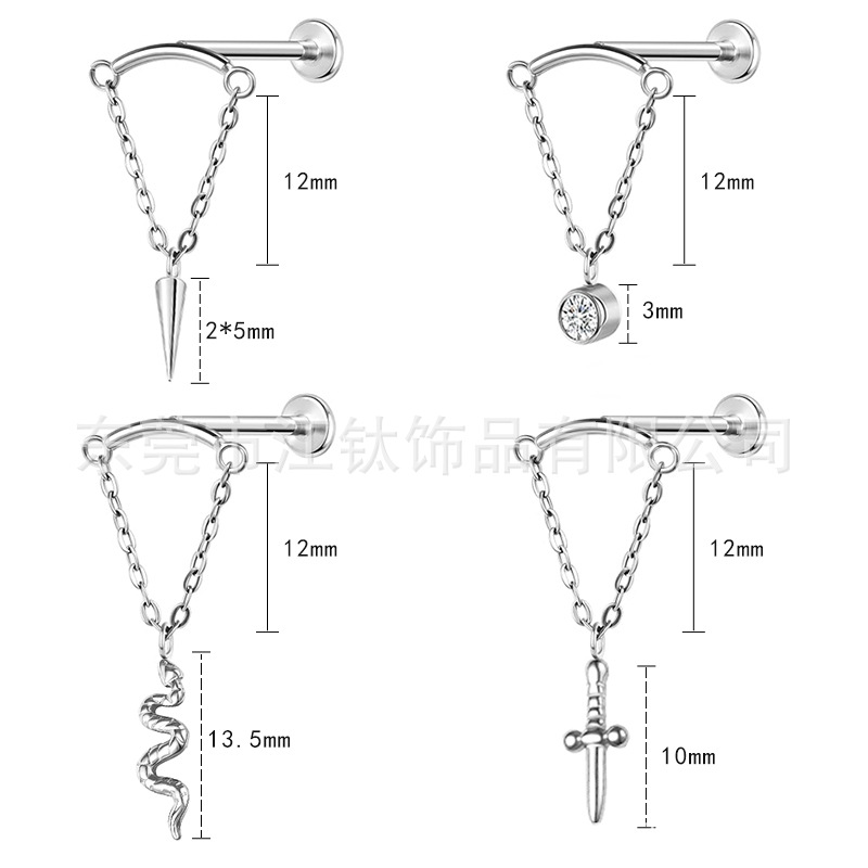 G23 Titanium Chain Pendant Zircon Stud Earring - Cartilage Ear Bone Stud Jewelry for Helix Tragus Piercing - Image 2