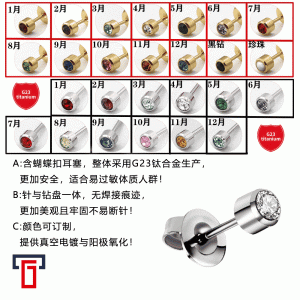 G23 Titanium Alloy with Diamond December Set Fine Needle Integrated Earrings Titanium Butterfly Buckle Earplugs Piercing Jewelry