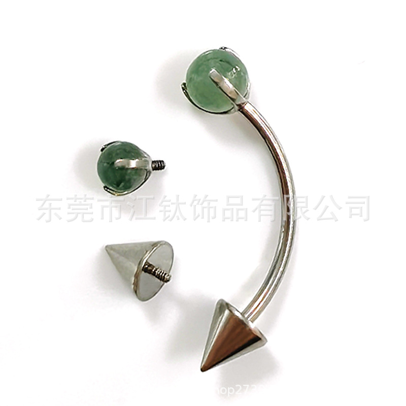 G23 Titanium Lip Nail with Natural Water Grass Agate Point Cone – 5mm Ball – Curved Barbell Body Piercing Jewelry - Image 5