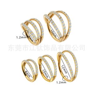 G23 Titanium Nose Ring with Three Layers Double Beveled Edges Inlaid Zircon, ASTM F136 Nose Stud Gold