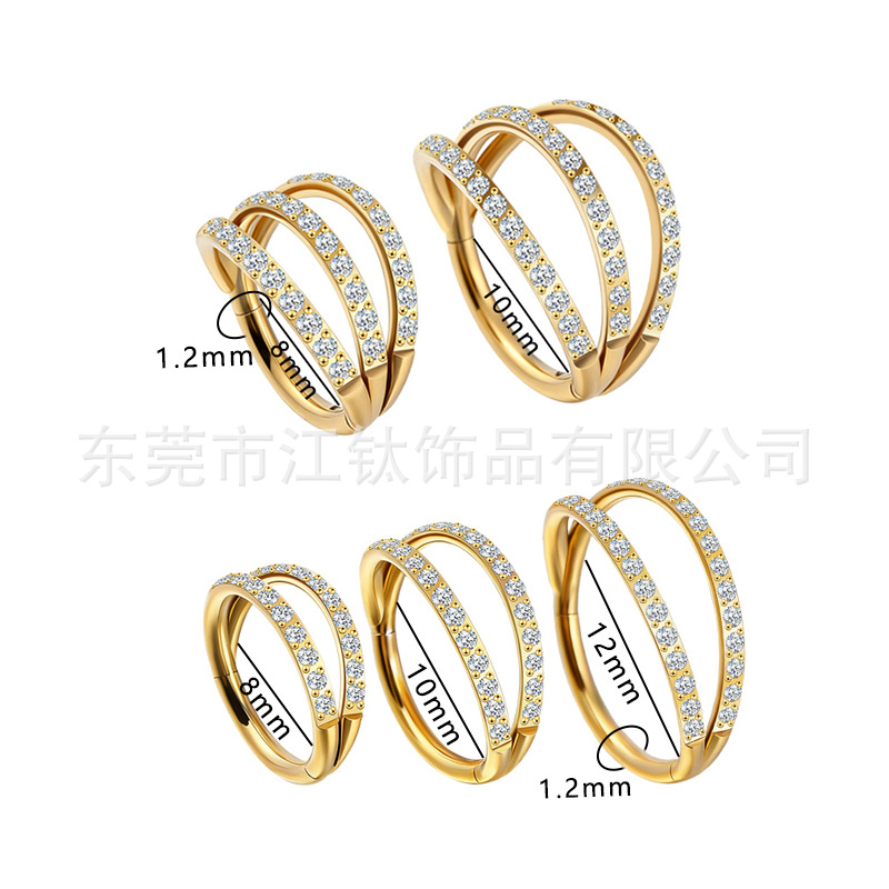 G23 Titanium Nose Ring with Three Layers Double Beveled Edges Inlaid Zircon, ASTM F136 Nose Stud Gold - Image 2