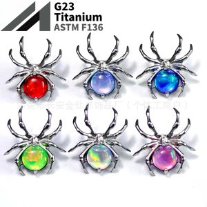 Titanium Spider Inlaid Opal Lip Stud Cochlear Piercing - 1.2mm x 14mm Labret Stud