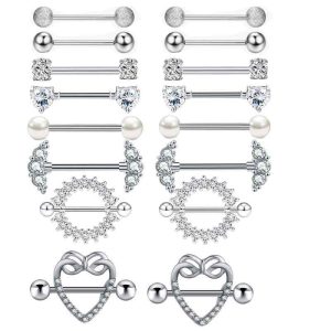 8 Pairs Stainless Steel Zircon Breast Rings Set Diamond-Embedded Nipple Jewelry for Women