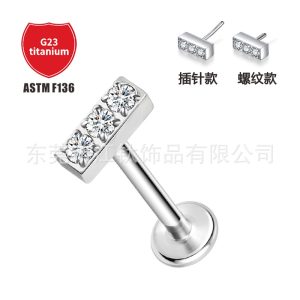 G23 Titanium Ear Cartilage Stud with Zircon and Three Diamond Lip Nails - 2024 New Arrival
