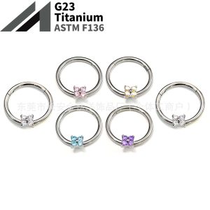 F136 Titanium Four-Leaf Clover Zircon Seamless Open Ring Nose Septum Earring - Blue Zircon