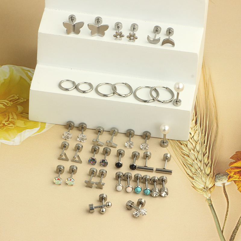 Stainless Steel Round Cake Lip Stud Earring Set for Women Fashion Cartilage Ear Bone Stud Body Piercing Jewelry - Image 5