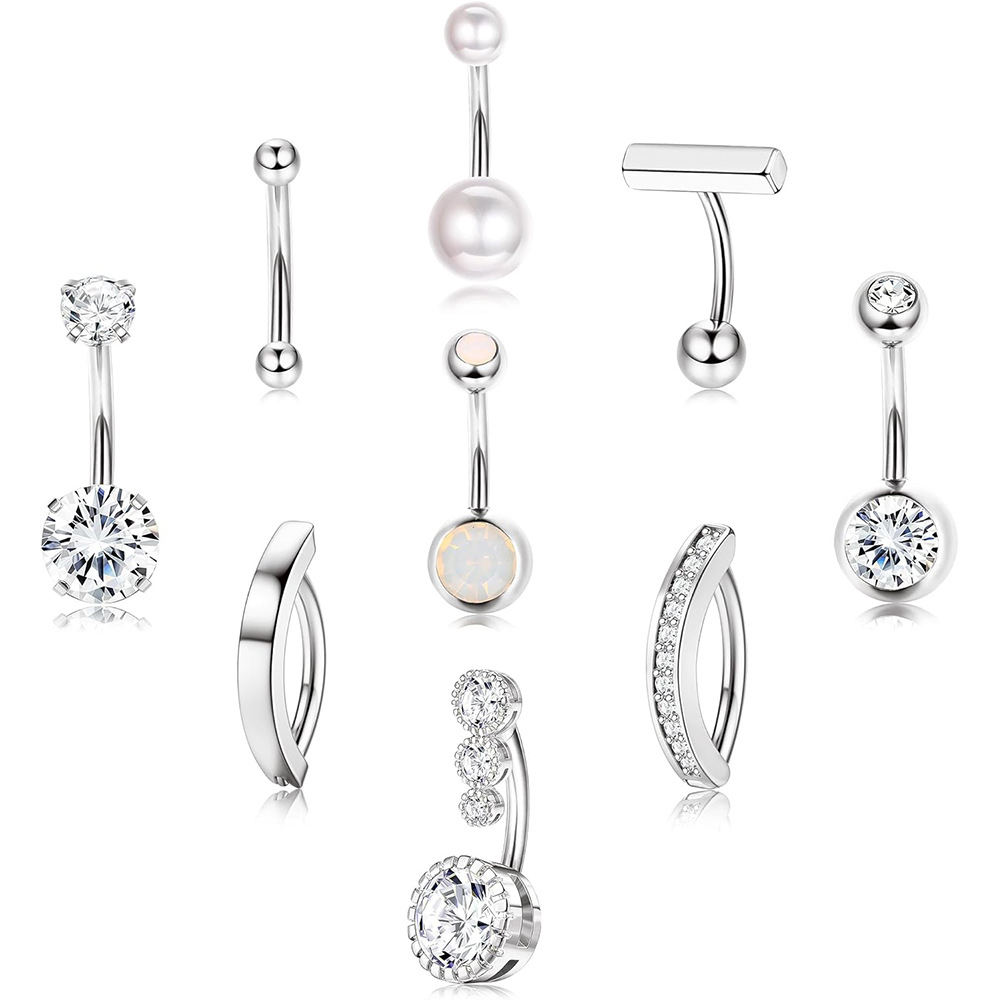 9-Piece Stainless Steel Classic Belly Button Ring Set - Silver Geometric Body Piercing Jewelry - Image 2