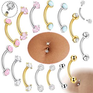 Stainless Steel Curved Barbell Navel Ring 14G Internally Threaded Double-Ended Round Zircon Opal Belly Button Piercing Jewelry