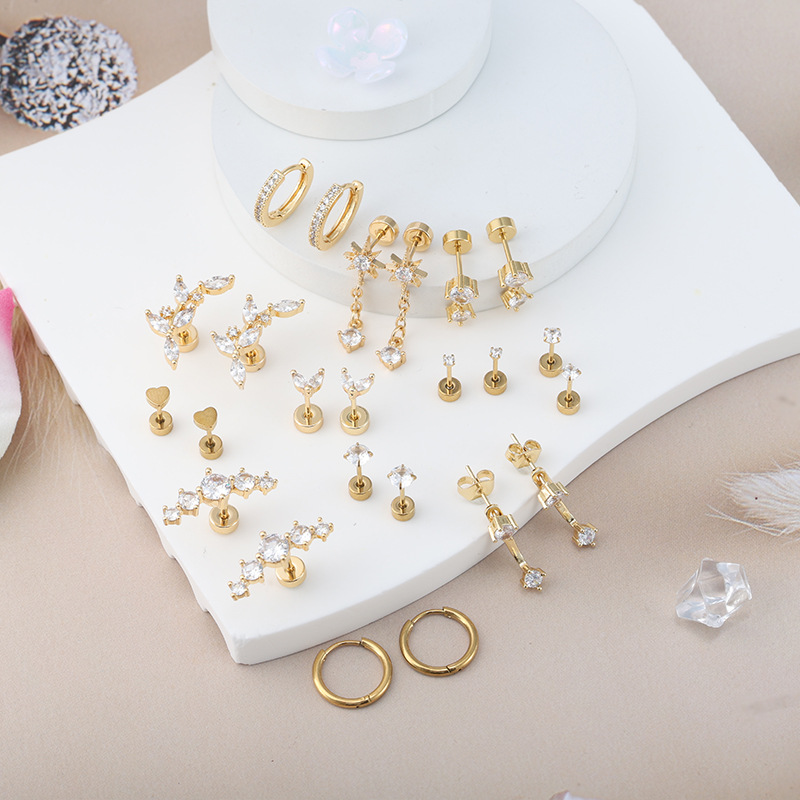 24-Piece Stainless Steel + Copper Zircon Stud Earrings Set, Trendy Ear Bone Studs for Women, Wholesale Earring Set - Image 2
