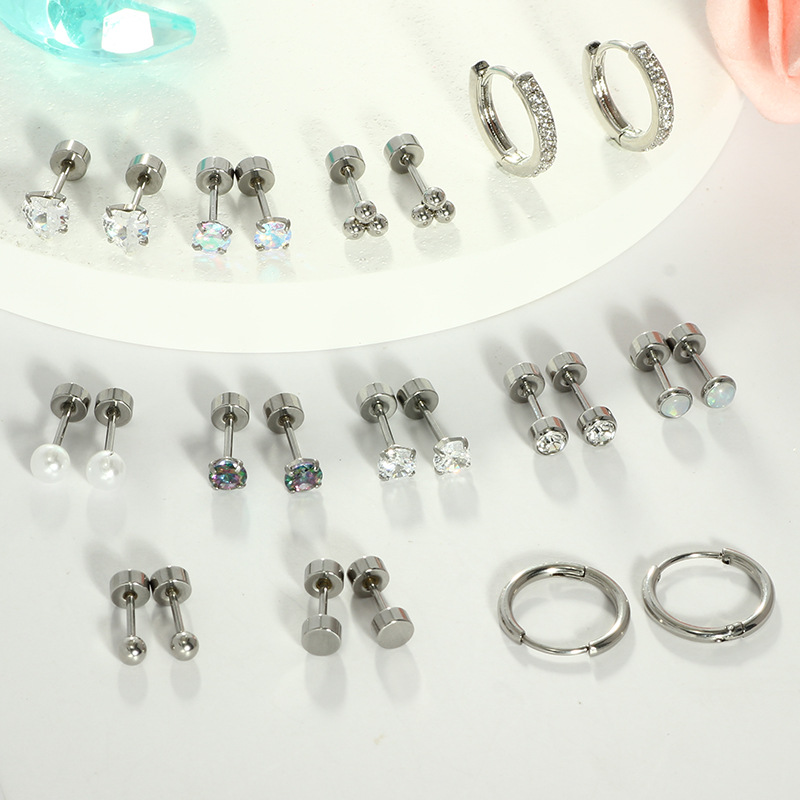 12 Pairs Stainless Steel Casual Zircon Stud Earrings Set Round Earrings for Women Men - Image 2