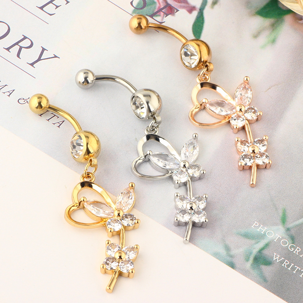 Rose Gold Butterfly Belly Button Ring Stainless Steel Dangle Navel Jewelry for Women Body Piercing - Image 4