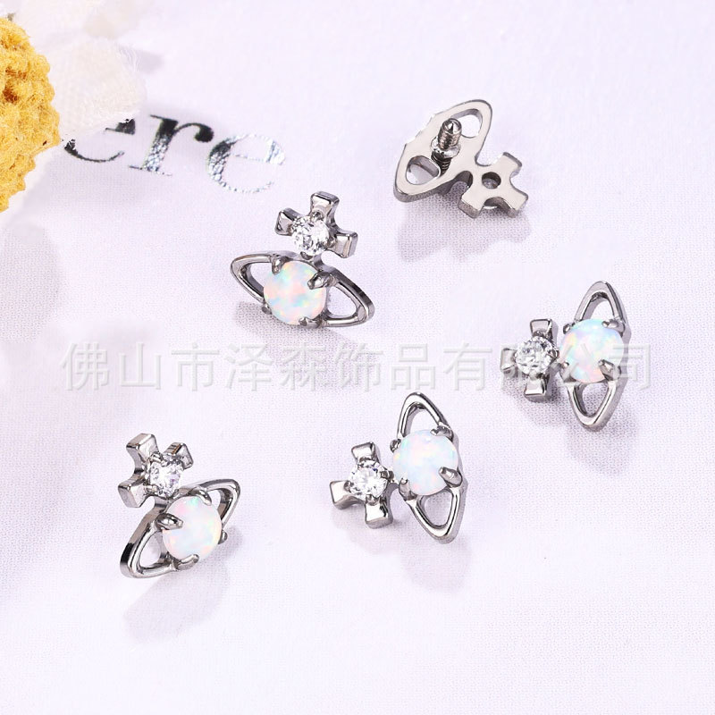 F136 Titanium Saturn Earrings G23 Titanium Planet Orbit Lip Studs Opal Earrings Piercing Jewelry - Image 3