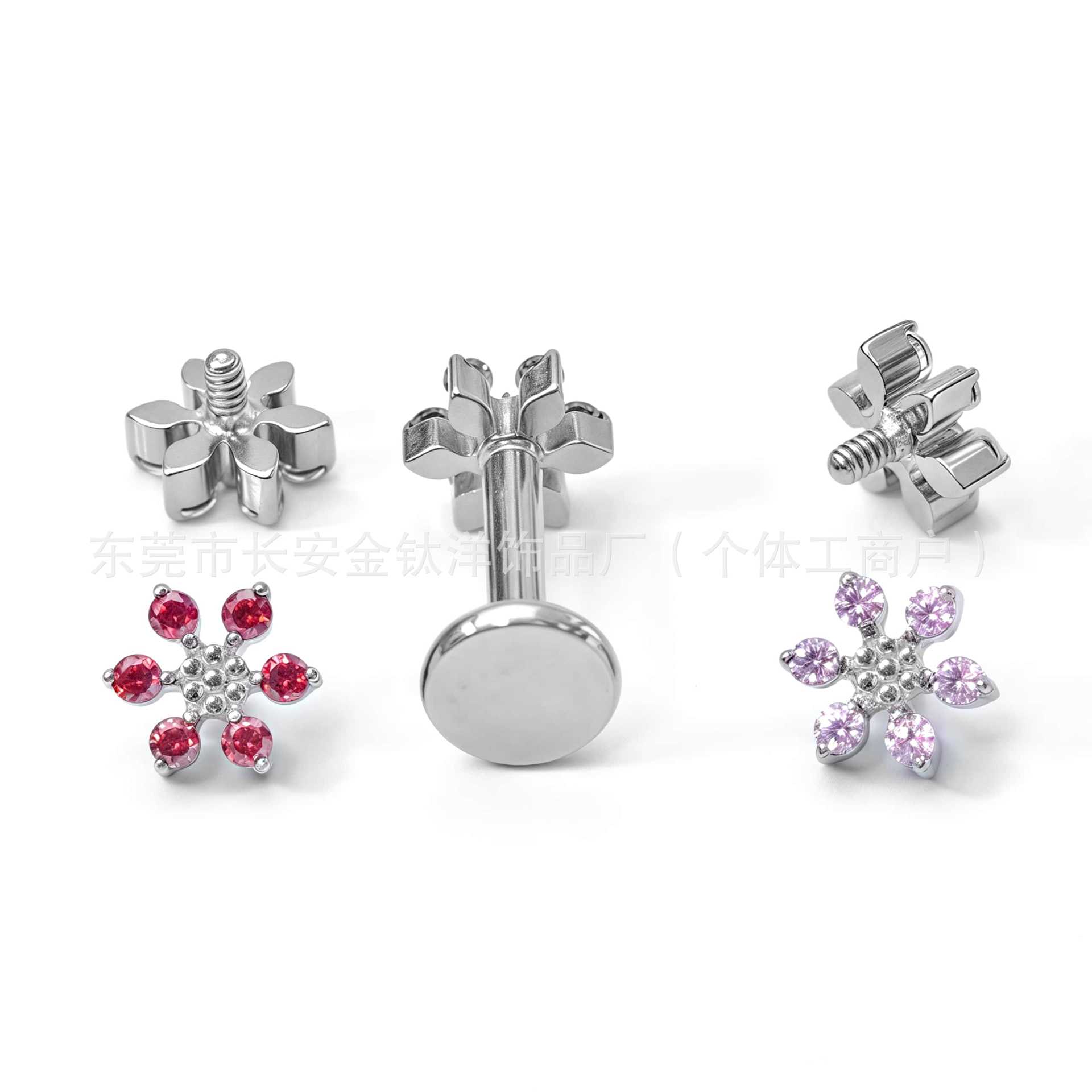 F136 Titanium Six-Petal Flower Zirconia Stud Earrings - Nose Studs, Earlobe Studs, G23 Titanium Alloy Body Piercing Jewelry, Ear Cartilage Studs - Image 4