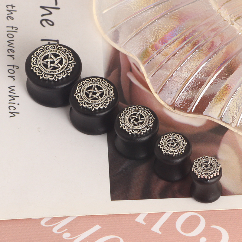 Black Solid Wood Star Ear Tunnels Stainless Steel Plated Flower Earrings for Men Ear Gauges - Image 2