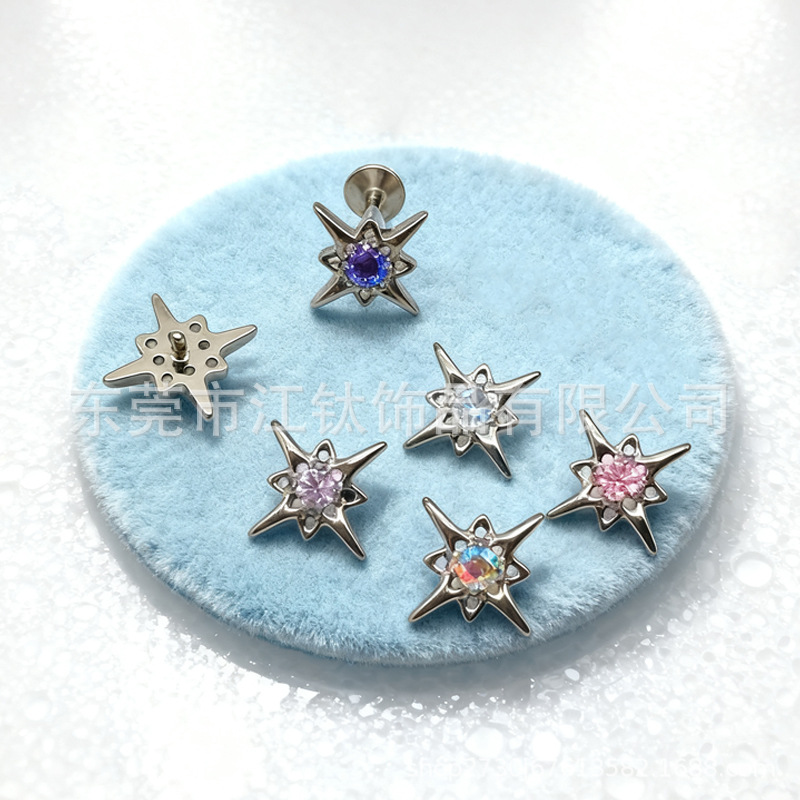 G23 Titanium Alloy Eight-Pointed Star Ear Stud with Zircon, ASTM F136 Titanium Body Piercing Jewelry - Image 3