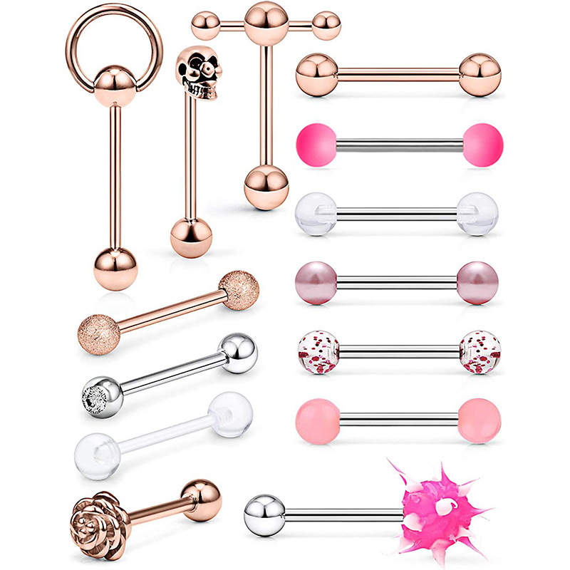 14 Piece Stainless Steel Tongue Stud Set - 4 Color Options Mixed Star Shape Straight Rod Tongue Ring Piercing Jewelry for Quick Sale - Image 4
