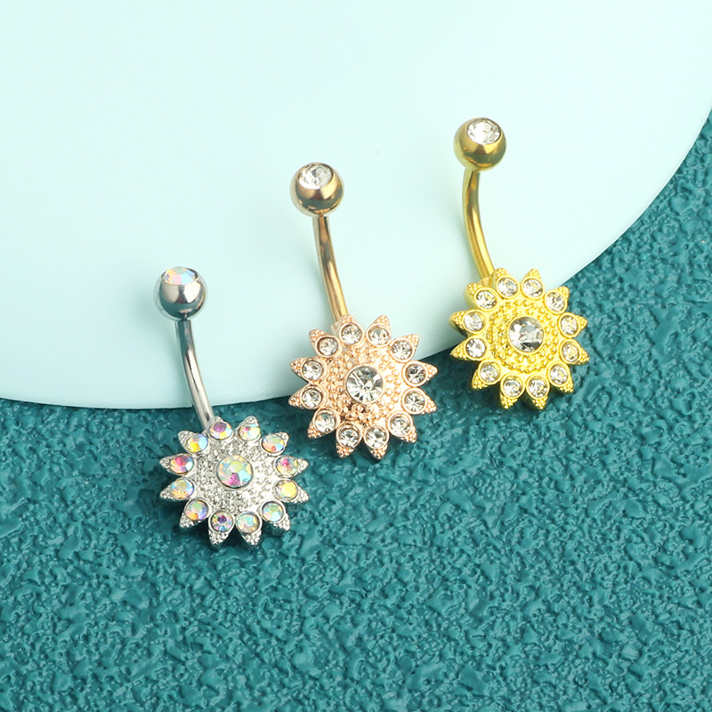 Sunflower CZ Diamond Belly Button Ring 316L Surgical Steel Dangle Belly Ring for Women - Image 3